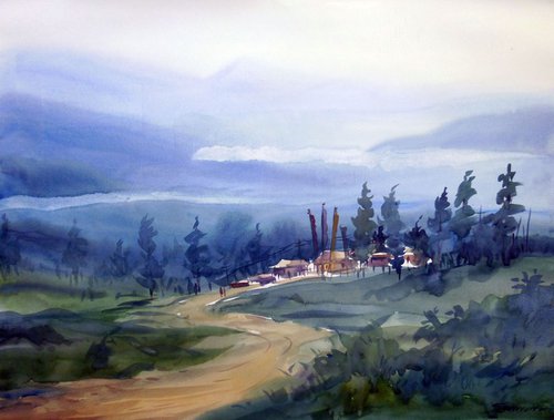Mountain Village - Watercolor Painting by Samiran Sarkar