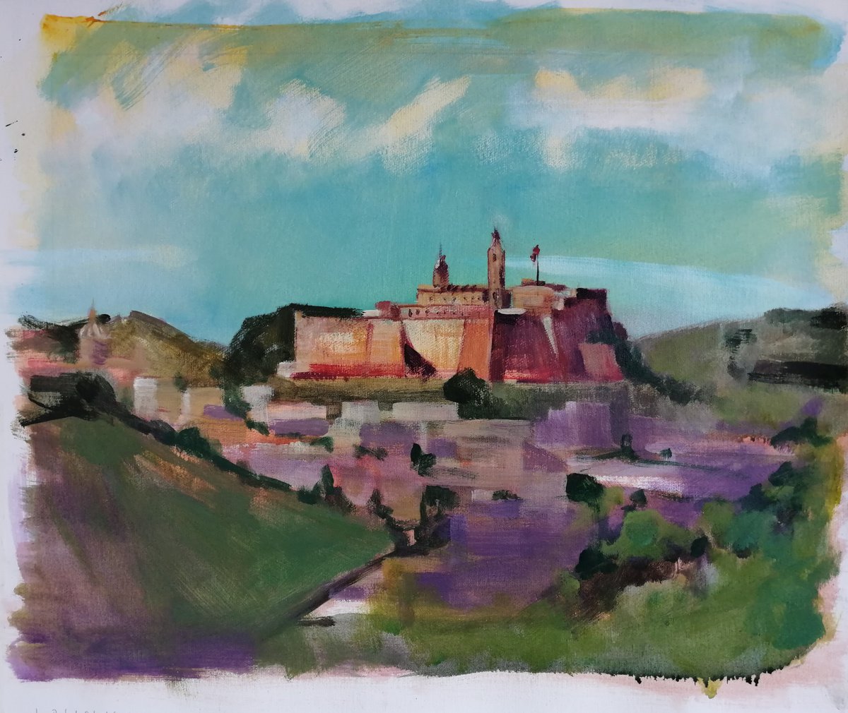 Impressionistic Cityscapes Acrylic Painting By Olga David, 23 X 19", Fabulous Malta - Il-Rabat Citadel, Gozo, Original Artwork