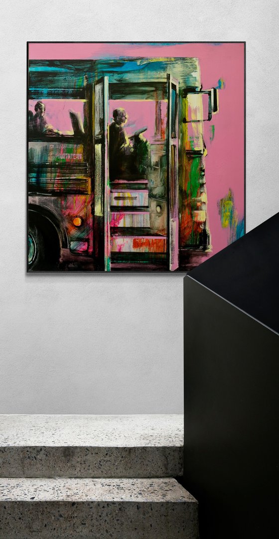 Big bright painting - "School bus" - Bus - Urban - Road - Street art - Pink