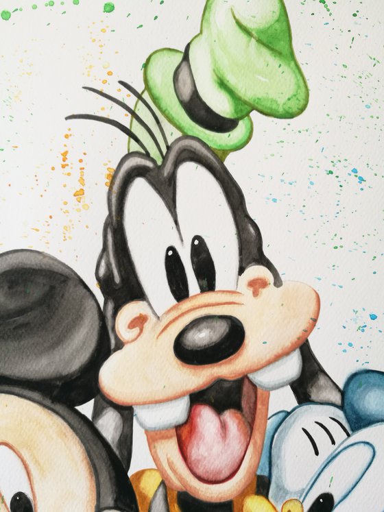 Old Friends. Mickey, Donald and Goofy Watercolour on paper. Free Worldwide Shipping