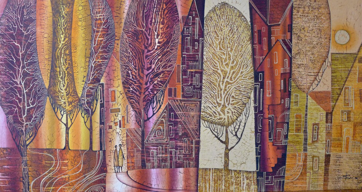 Organic Cityscapes Acrylic Painting By Julia Ismambetova, 41 X 26", Walking Into The Light, Original Artwork