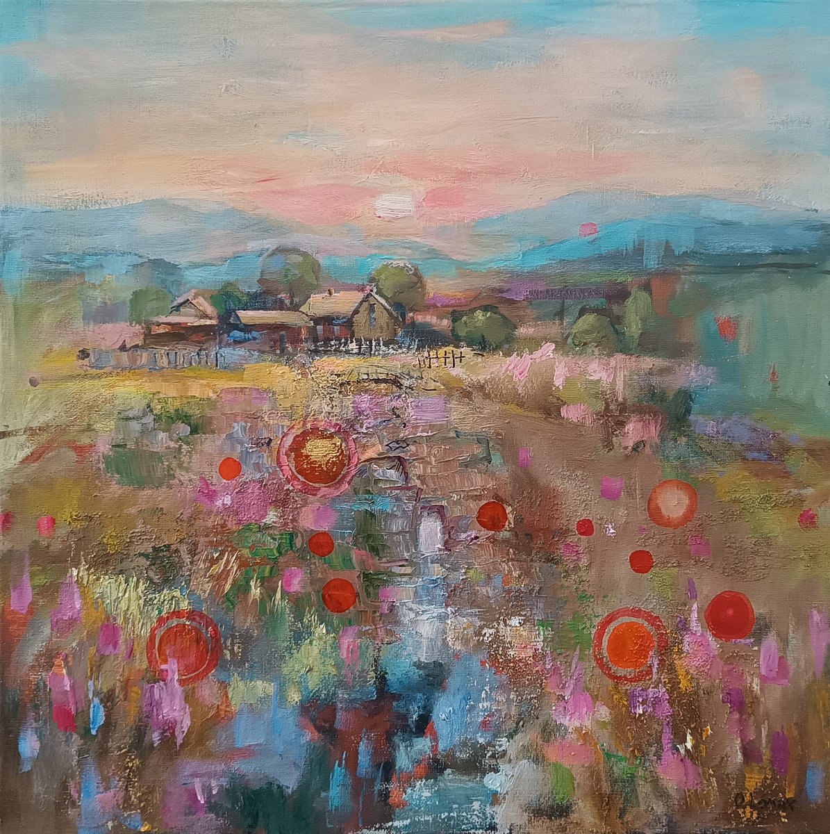 Expressive Landscape Oil Painting By Olga Lomax, 20 X 20", Sunrise In Provence, Original Artwork