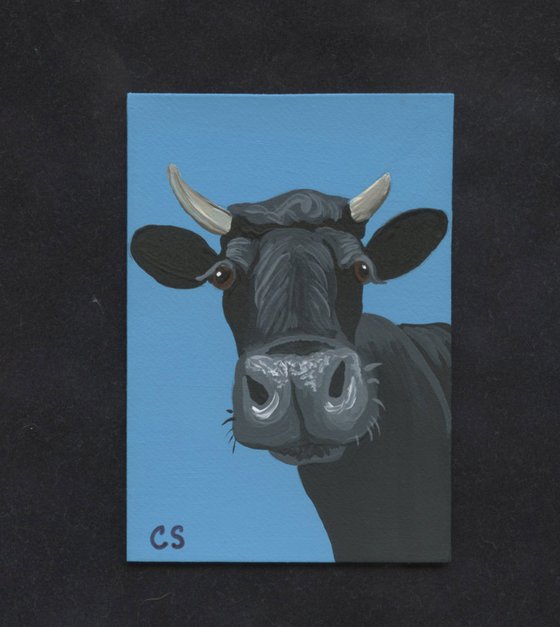 ACEO ATC Original Miniature Painting Black Cow Farmyard Art-Carla Smale