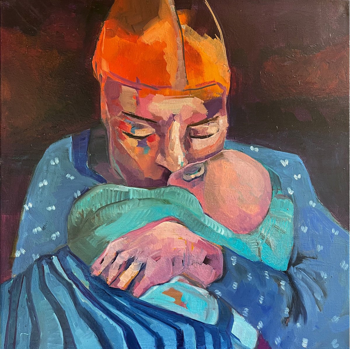 Expressive Portrait Oil Painting By Ulli Schmitt, 20 X 20", New Born, Original Artwork