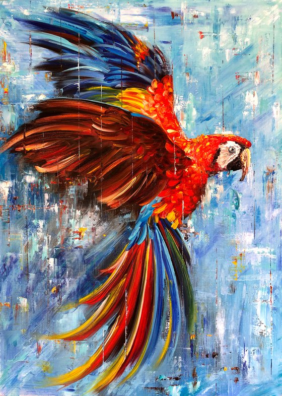 BRIGHTNESS OF FLIGHT - Red bird. Bright parrot. Ara parrot. A bird with large wings. Soaring parrot. Colorful feathers. Large beak. Lush tail. Blue background.