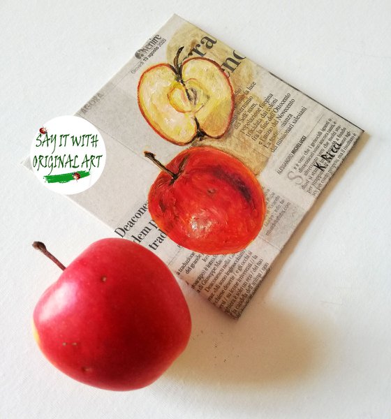 "Apple on Newspaper" Original Oil on Canvas Board Painting 6 by 6 inches (15x15 cm)