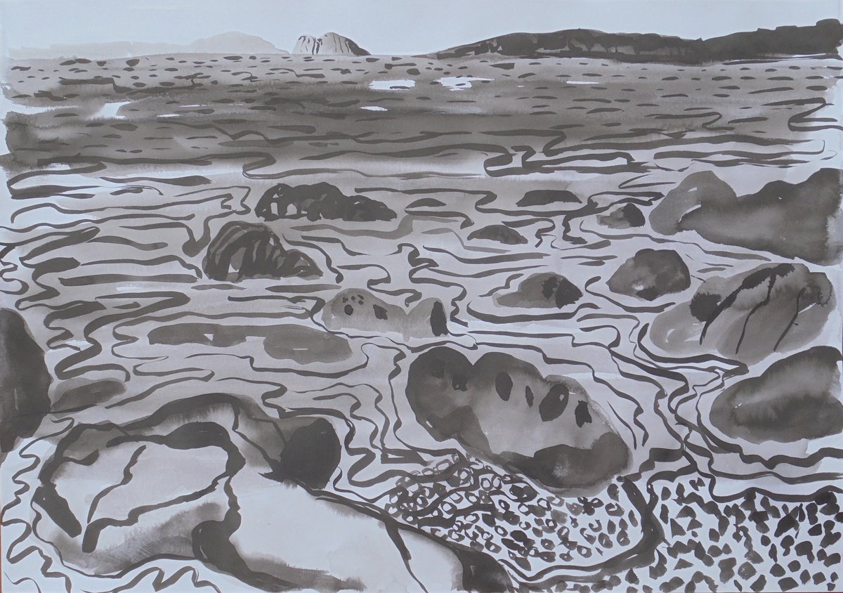 Expressive Landscape Ink Drawing By Kirsty Wain, 23 X 17", Distant Gibraltar, Original Artwork