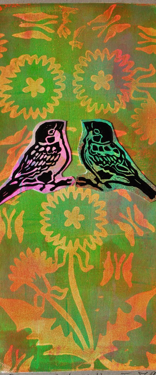 Sparrows & Dandelions IV (mixed media) by Joanna Plenzler