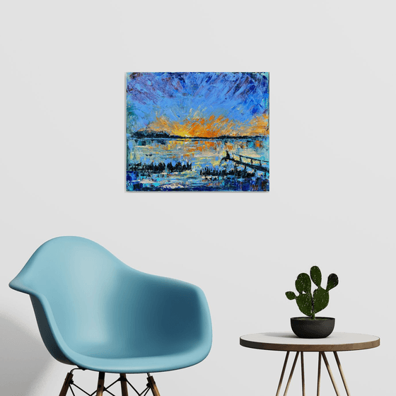 Sunset - You are never alone, 50*60cm, impressionistic landscape oil painting in orange and blue ultramarine