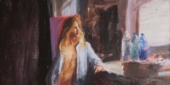 Meg leaning at window 1