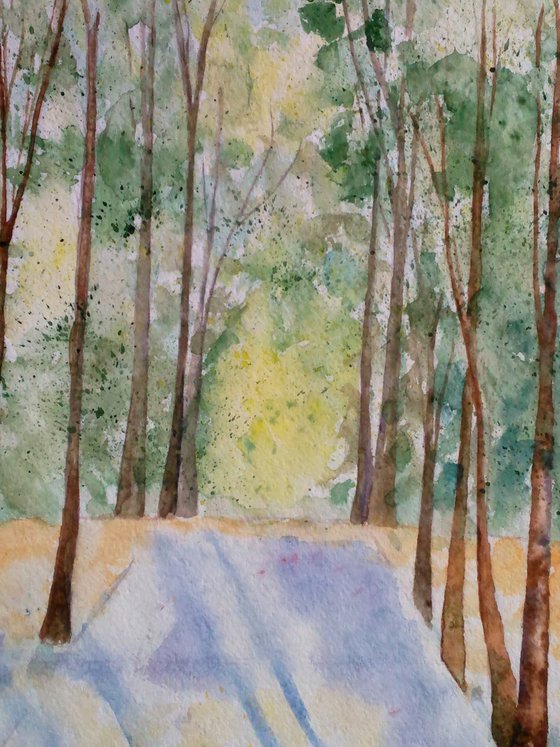 Fall Painitng Park Original Art Landscape Watercolor Autumn Artwork Small Wall Art 12 by 17" by Halyna Kirichenko