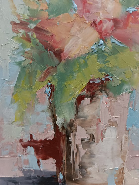 Modern still life painting. Abstract still life with flowers in vase