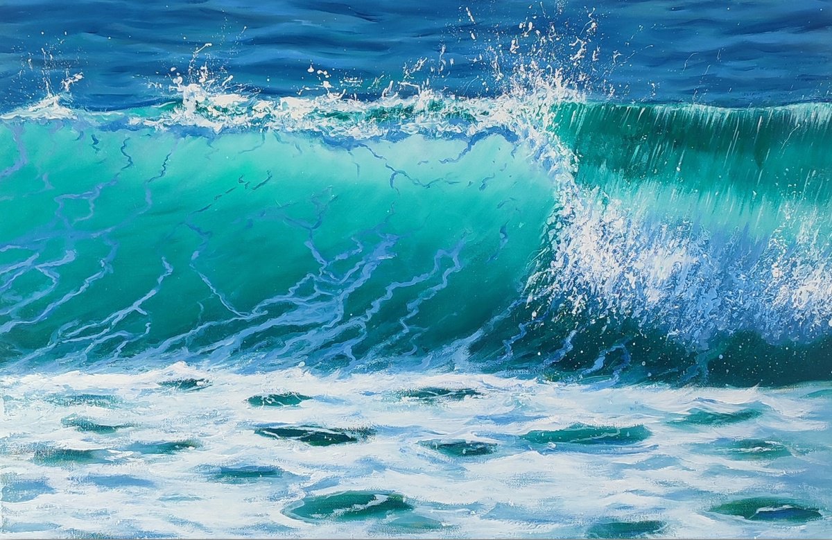 Photorealistic Landscape Oil Painting By Artem _Ar.ko, 24 X 16, Waves In Motion, Original Artwork