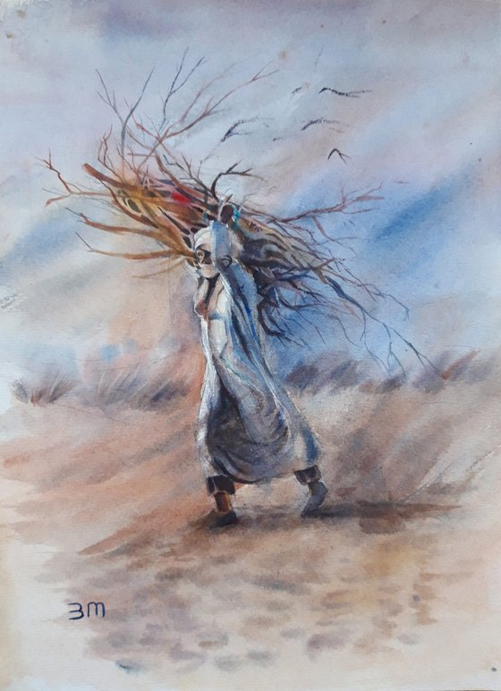 Serene Watercolour Painting of a Wind-Swept Desert Journey, Desert life, Middle Eastern Desert Scape, Life of desert people, Windy Desert