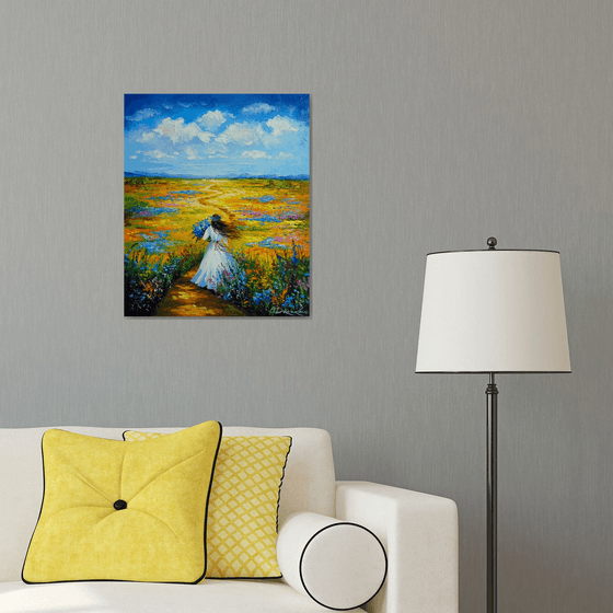Woman Walking Through a Flower Field