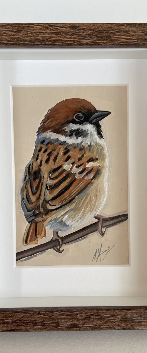 Sparrow Bird painting mini art framed 16x12cm cute mini art by Leysan Khasanova