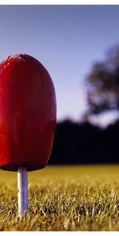 0°00' longitude, 52°10N' latitude, Lady Tee Marker, Meridian Golf Club, Cambridge, 2000 by Richard Heeps