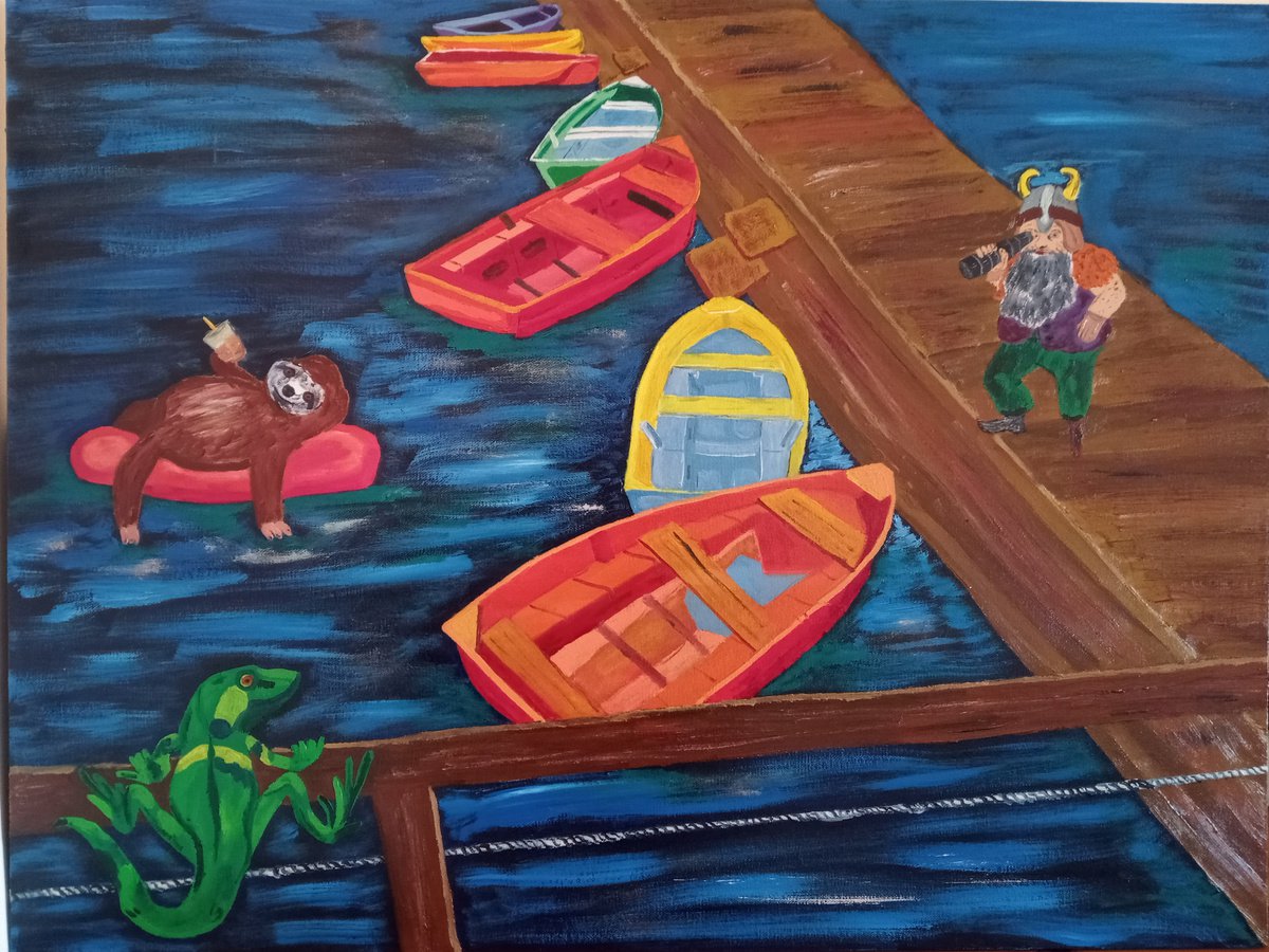 Naive Landscape Oil Painting By Corinne Hamer, 32 X 24, Boating Life, Original Artwork
