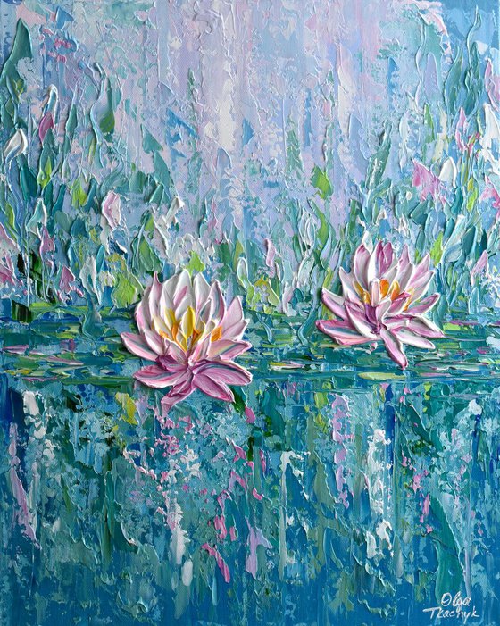 Pink Water Lilies - Impasto Acrylic Flower Painting(2019)
