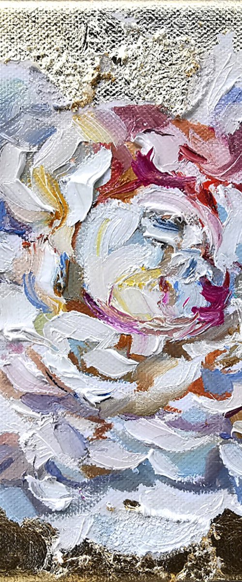 Pink Peonies miniature with gold on canvas by Annet Loginova