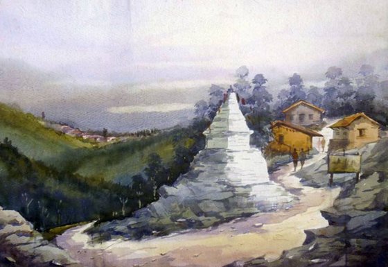 Buddhist monastery and Himalayan Landscape-Watercolor on Paper