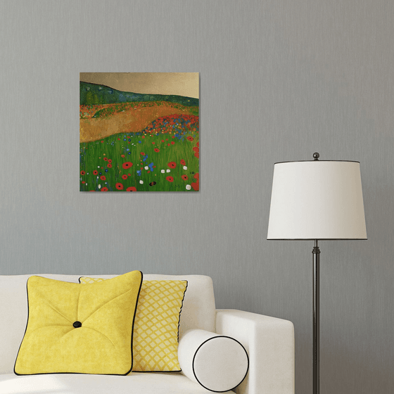 Contemporary Abstract Poppy Field & Gold Leaf Landscape.