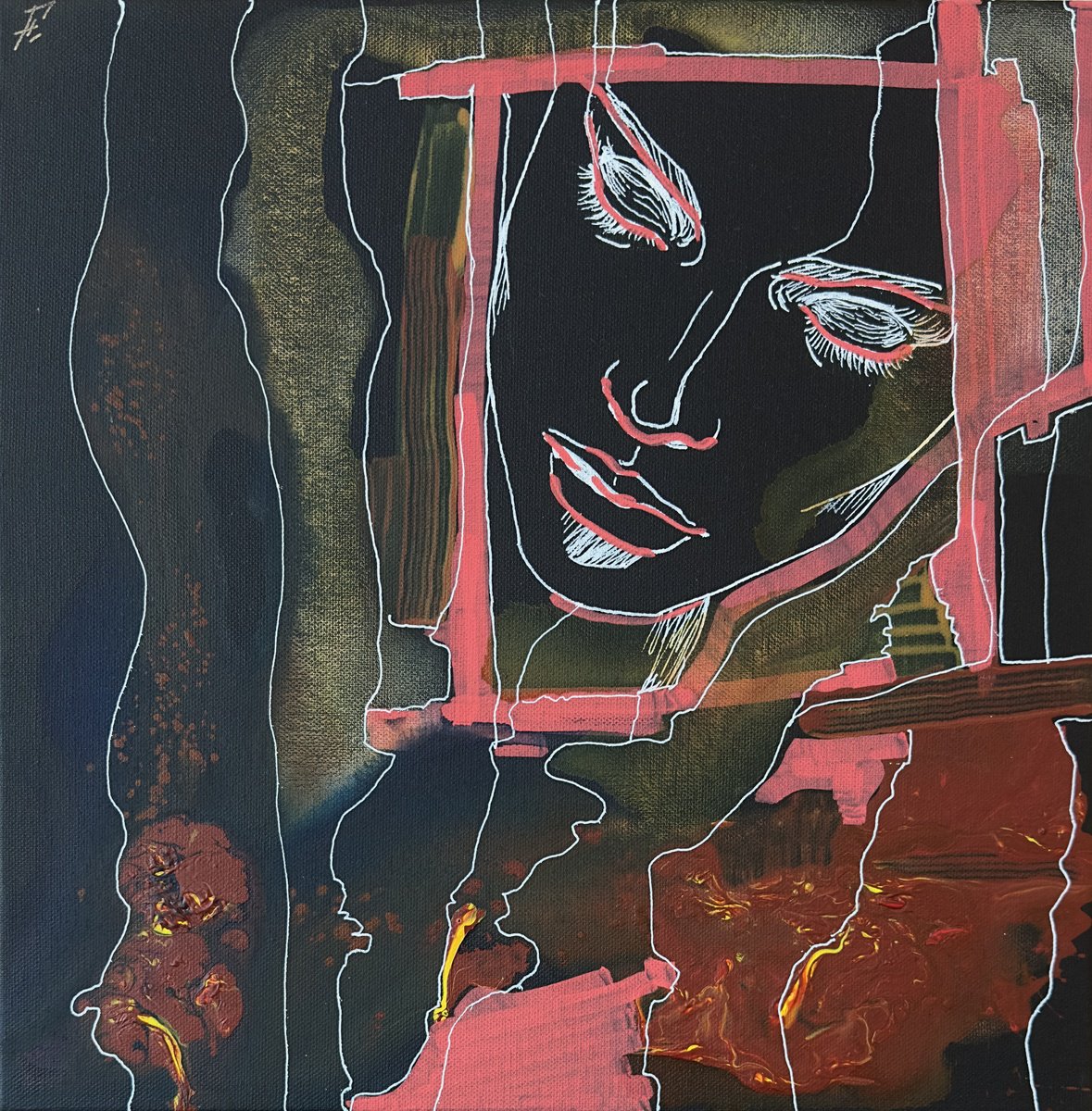 Expressive Portrait Acrylic Painting By Nikola Gulev, 16 X 16", "Fragment Of Conscience", Original Artwork