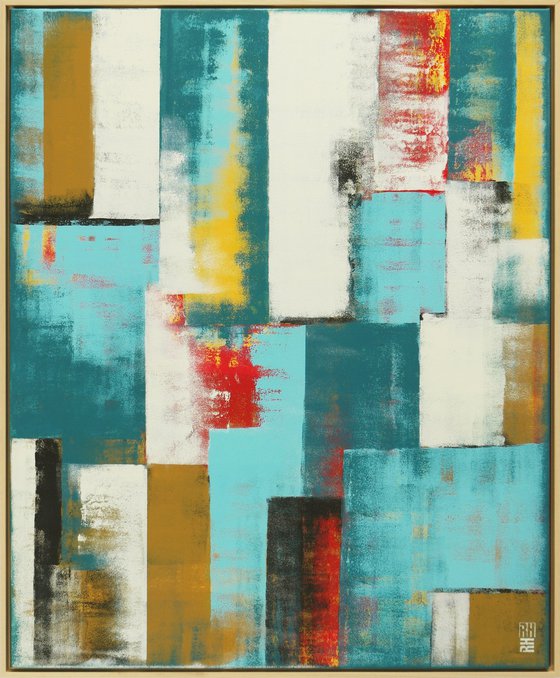 Vertical Abstract Painting - Untitled in Blue - 95x115cm Incl Frame - Ronald Hunter - 20J