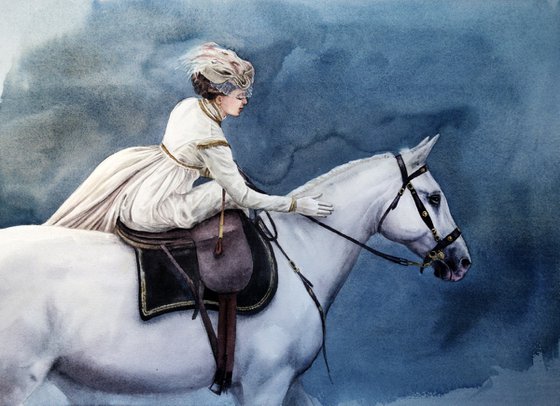 Victorian Beautiful Horsewoman - Elegant Rider Woman And White Horse