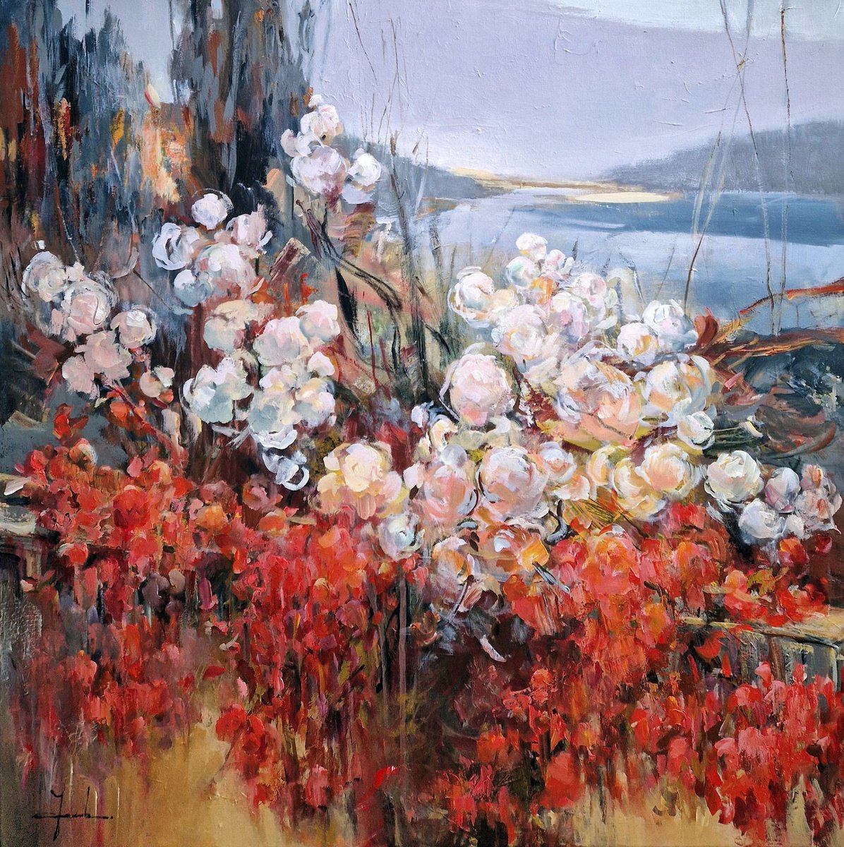 Impressionistic Botanical Acrylic Painting By Irina Laube, 39 X 39, The Magic Of Flowers, Original Artwork