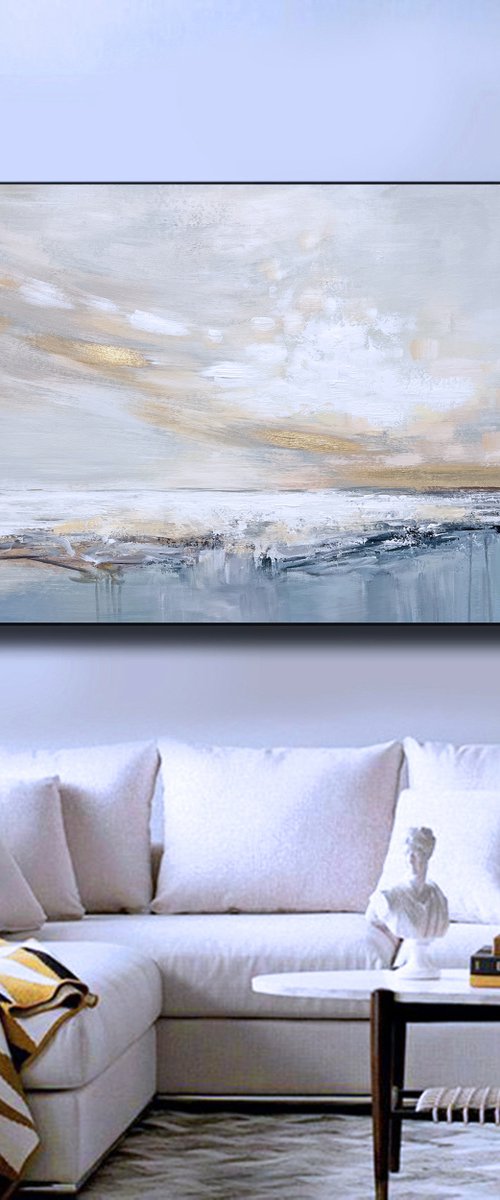 Peaceful - Sky Sea Abstract Painting, Original Modern Art, Gold Leaf Soft Colors Modern Textured Painting, Size: 48 x 28 inches (120 x 70 cm) by Lana Guise