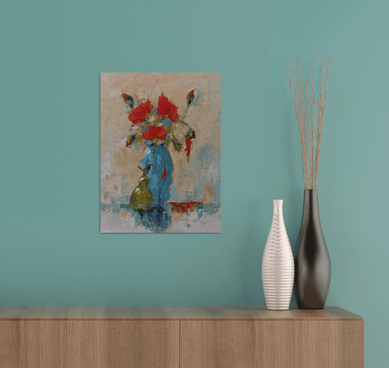Poppy in vase and pear. Modern still life painting