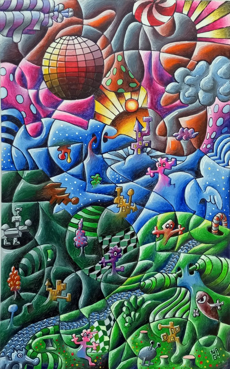 Naive Abstract Acrylic Painting By Peter Nagy, 8 X 12", Wonderland, Original Artwork