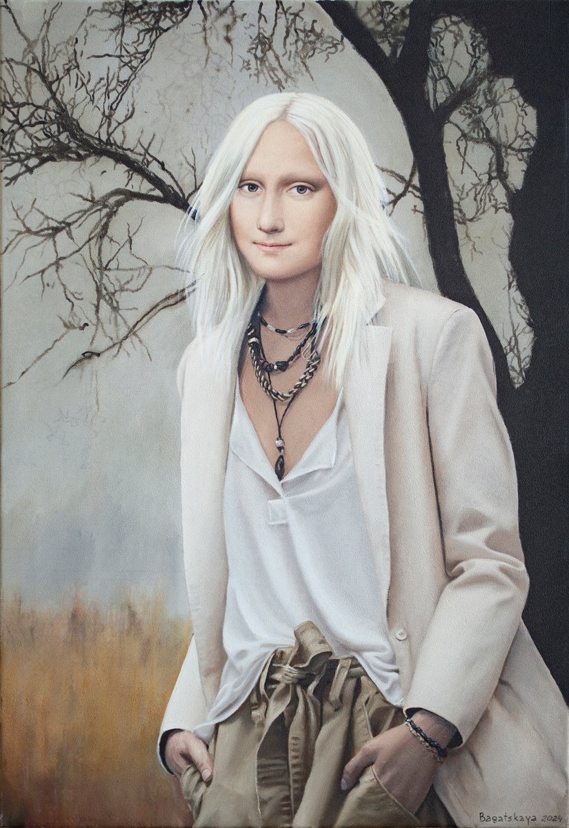 Photorealistic Portrait Acrylic Painting By Nataliya Bagatskaya, 22 X 31", Autumn Walk, Original Artwork