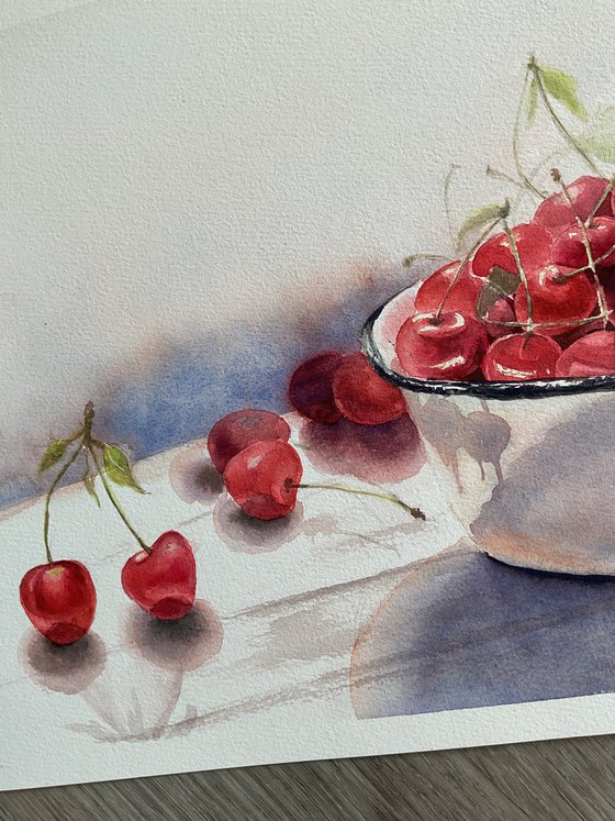 Still life with cherries, original art