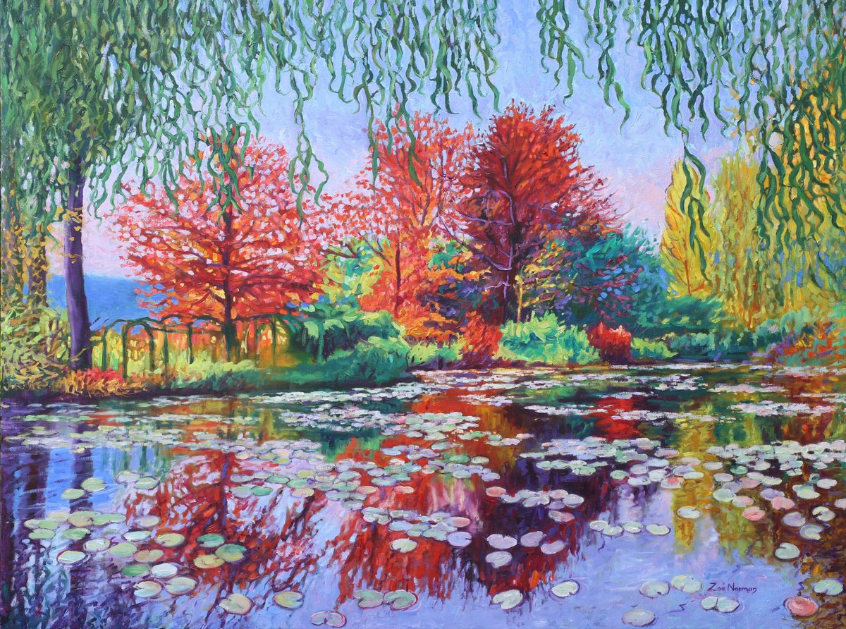 Impressionistic Landscape Oil Painting By Zoe Elizabeth Norman, 40 X 30", Willow Tree Reflections At Giverny, Original Artwork