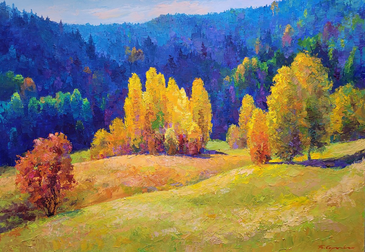Impressionistic Landscape Oil Painting By Boris Serdyuk, 39 X 28, Autumn In The Carpathians, Original Artwork