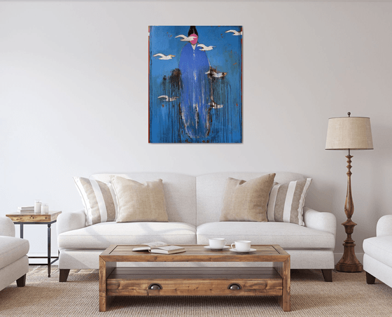Silent Ascension – Blue Figure with Birds