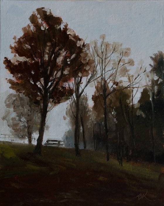 Foggy evening in October oil study