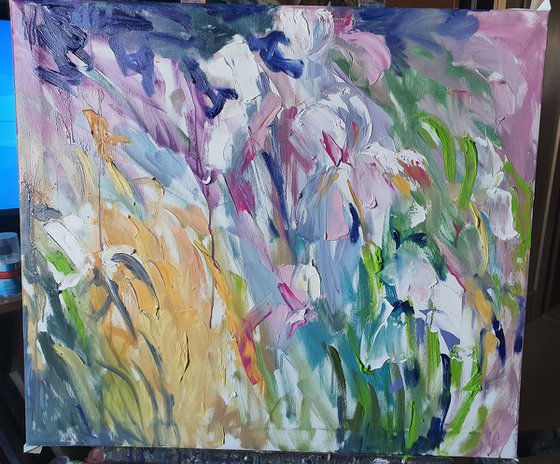 Painting Irises, summer landscape, white flowers in garden