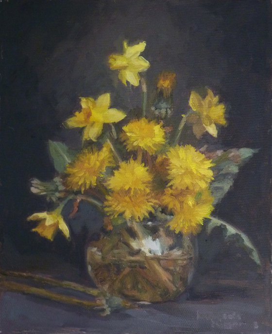Still life with daffodils and dandelions