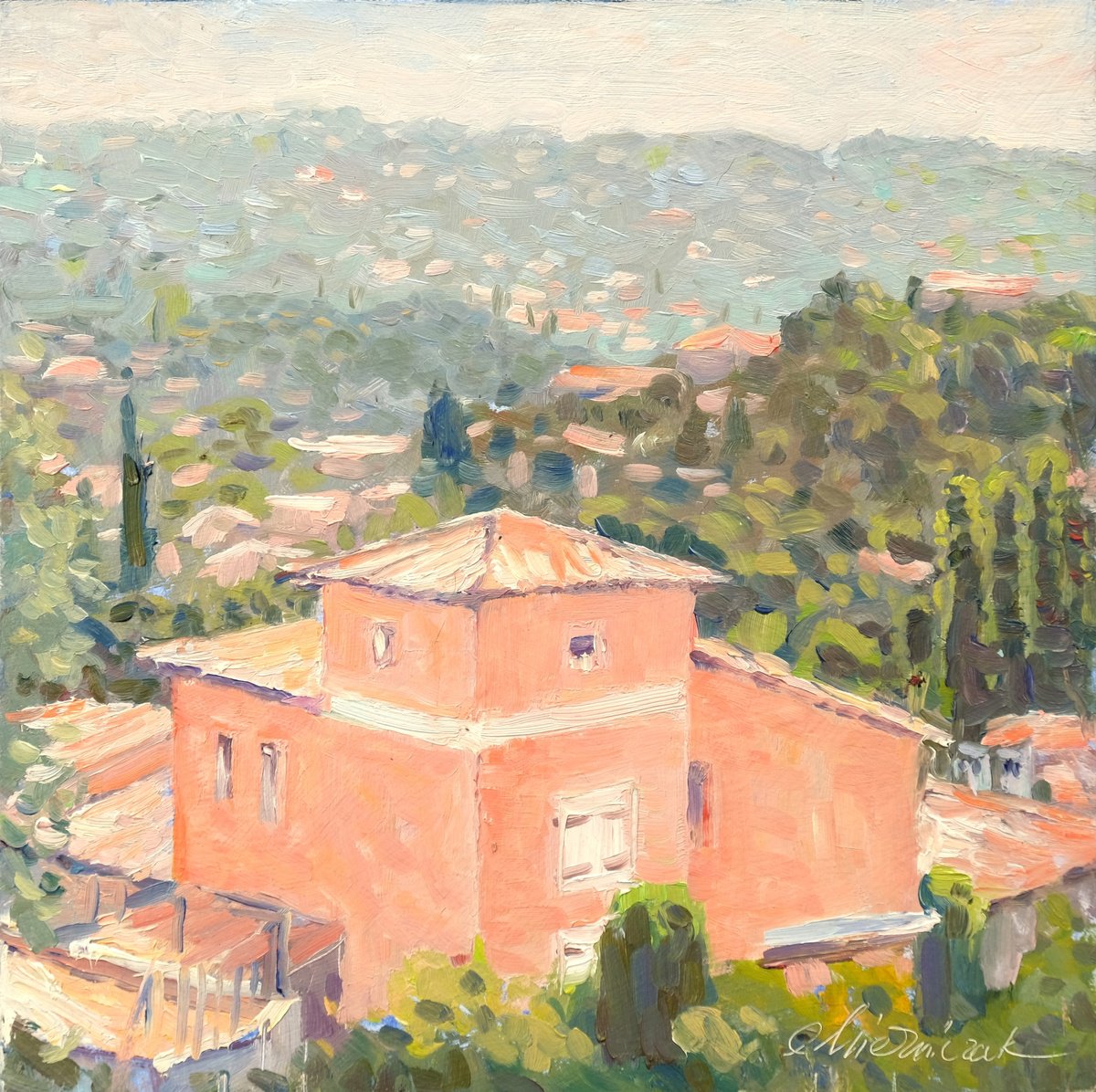 Impressionistic Cityscapes Oil Painting By Richard Mierniczak, 12 X 12", The Hills Of Grasse 2., Original Artwork