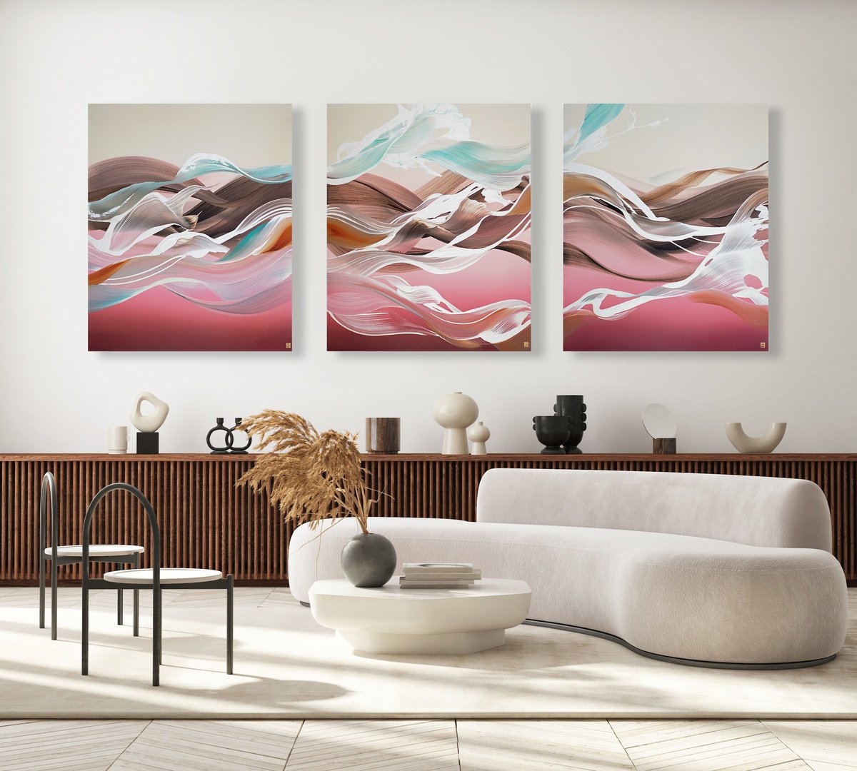 Abstract Acrylic Painting By Novi Lim, 94 X 36", Ebbs And Flows Tripctych, Original Artwork