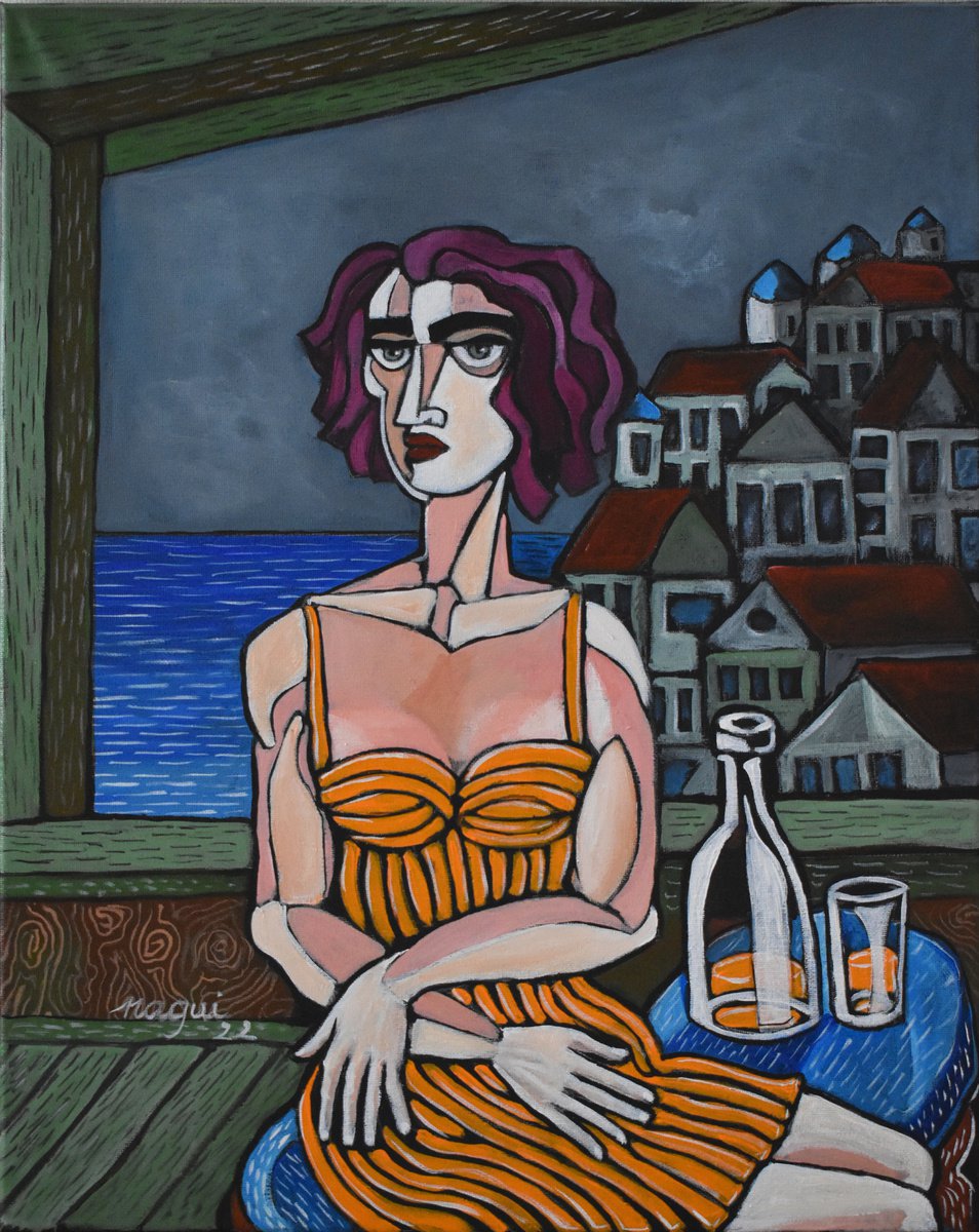 Expressive Portrait Acrylic Painting By Nagui, 16 X 20", Parga 2, Original Artwork