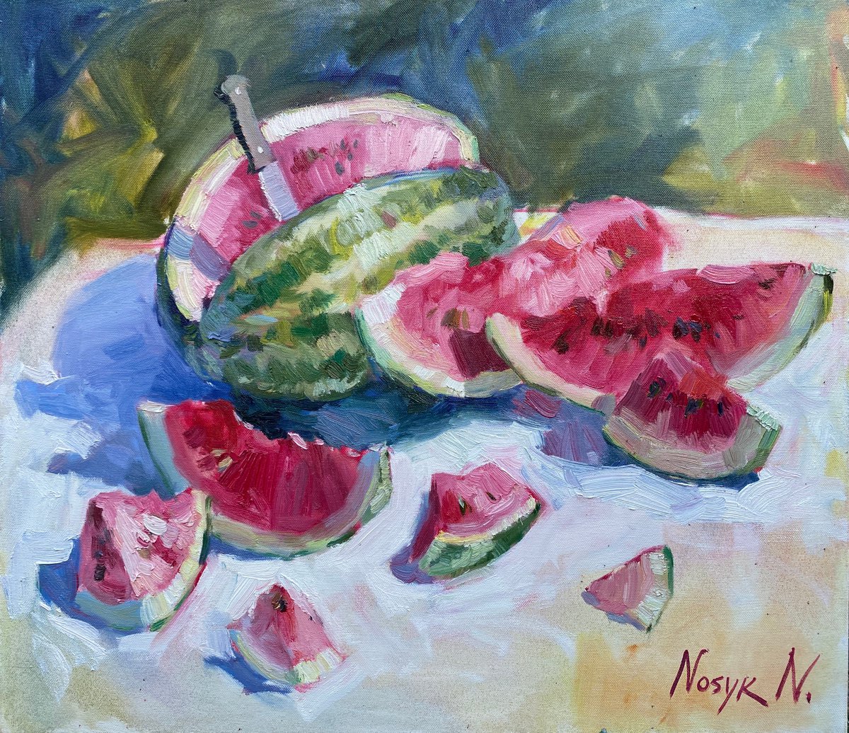 Watermelon branch | still life modern original oil painting by Nataliia Nosyk