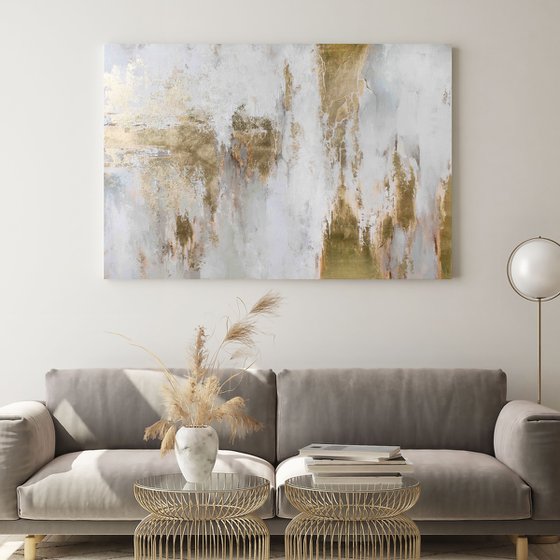 "Cascade 8" White and gold leaf abstract art