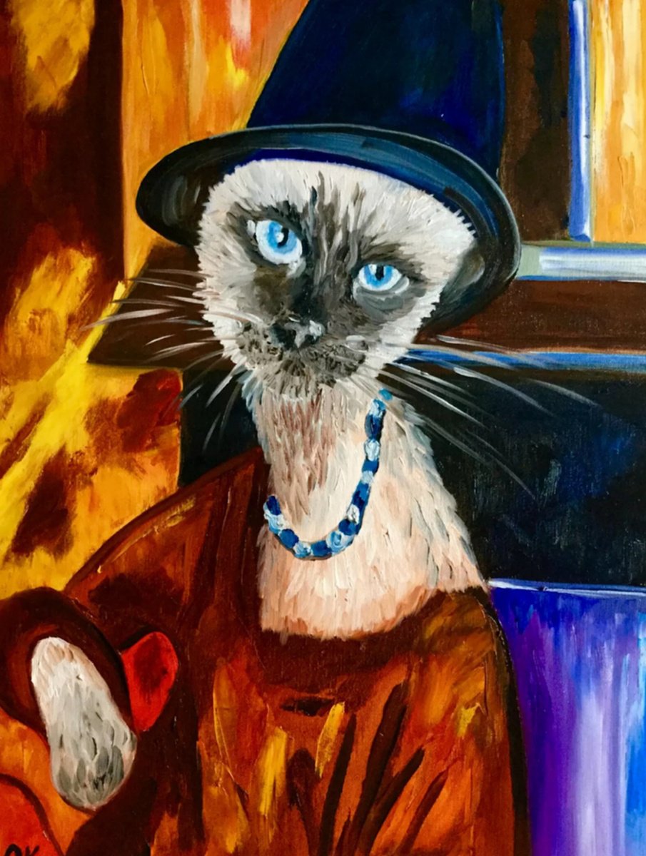 Expressive Animal Oil Painting By Olga Koval, 18 X 24", Cat Modigliani 4, Original Artwork