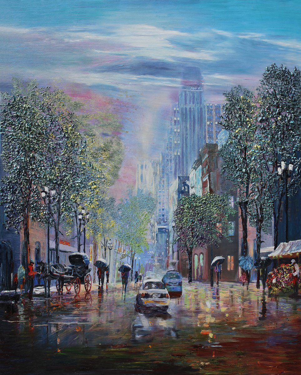 Impressionistic Cityscapes Oil Painting By Kenneth Halvorsen, 48 X 60", Dreaming Away On A Rainy Day, Original Artwork