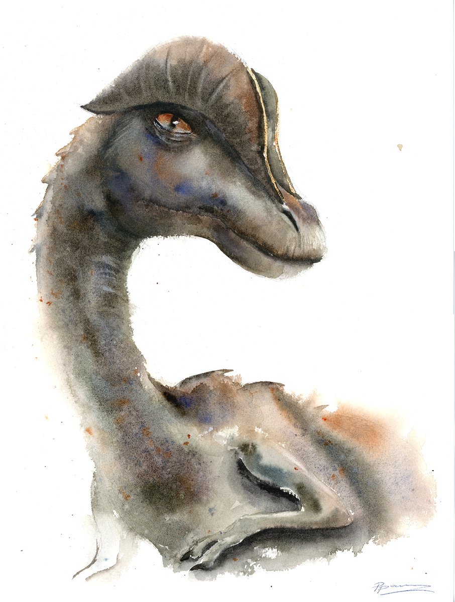 My first dinosaur  - Original Watercolor Painting by Olga Shefranov (Tchefranova)