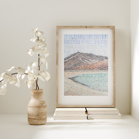 Watercolor original style calm mountains and seashore